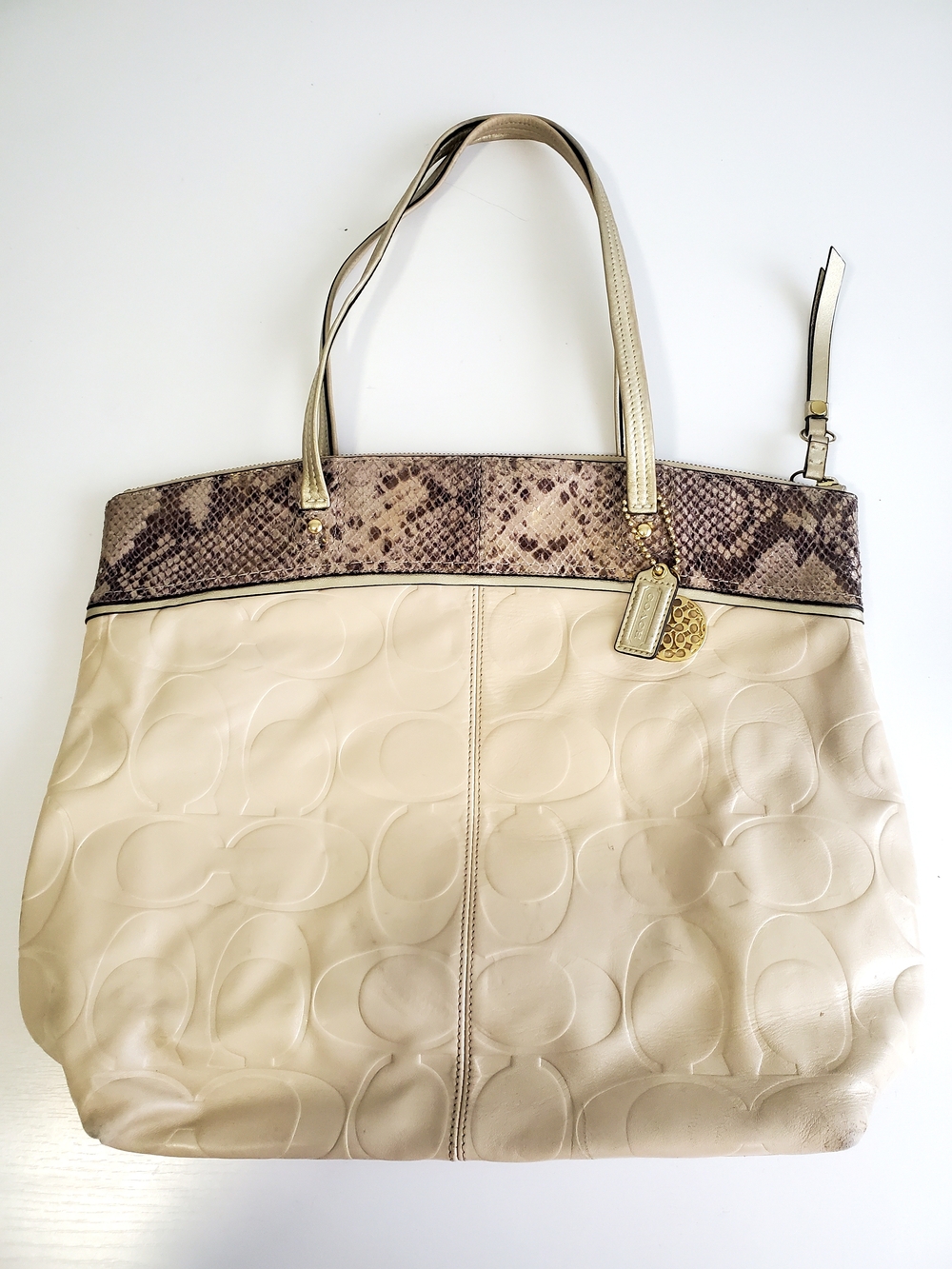 Coach Beige Leather Tote with Snakeskin Trim
